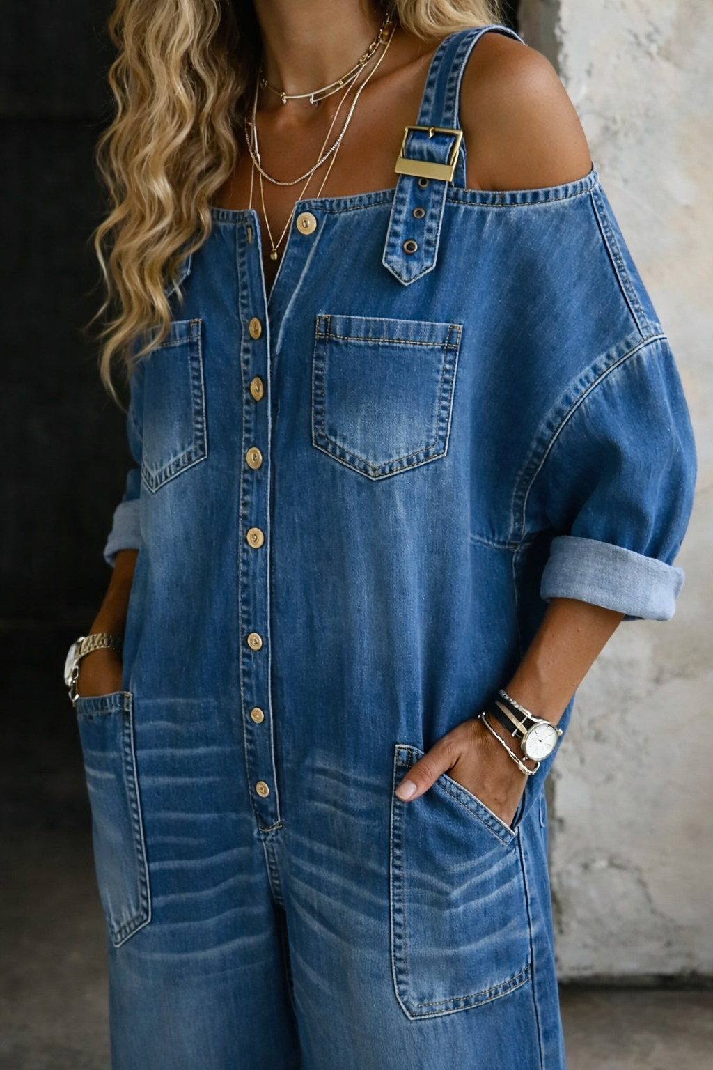Maya - Off Shoulder Denim Jumpsuit