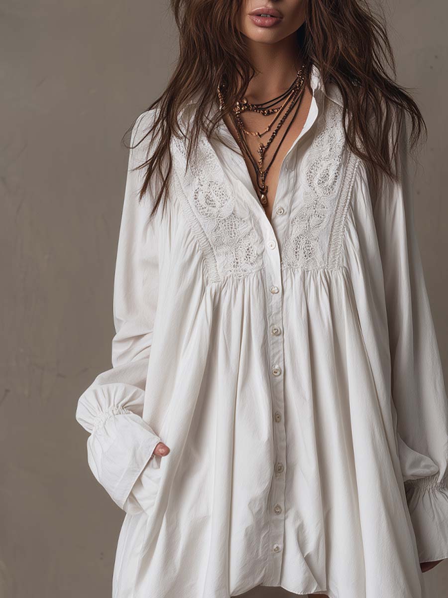 Georgia - Retro-style Lace Irregular Hem Long-sleeved Mini Dress